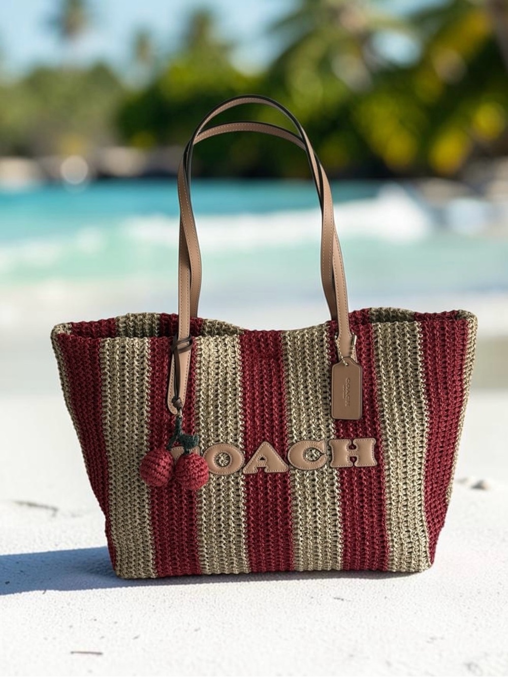Coach Striped Straw City Tote Womens Shoulder Bag with Charm CER30 Red/Tan NWT